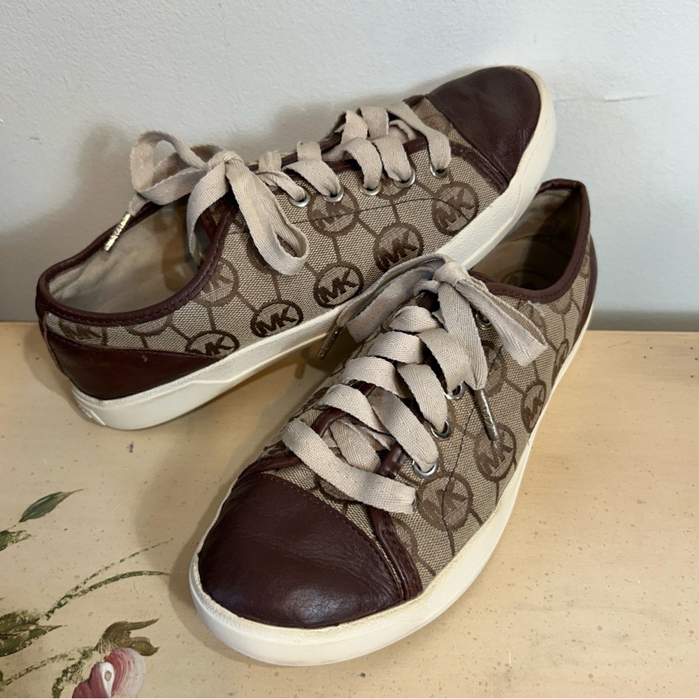 Michael Kors Monogram Tan Canvas & Brown Leather Trim Sneakers